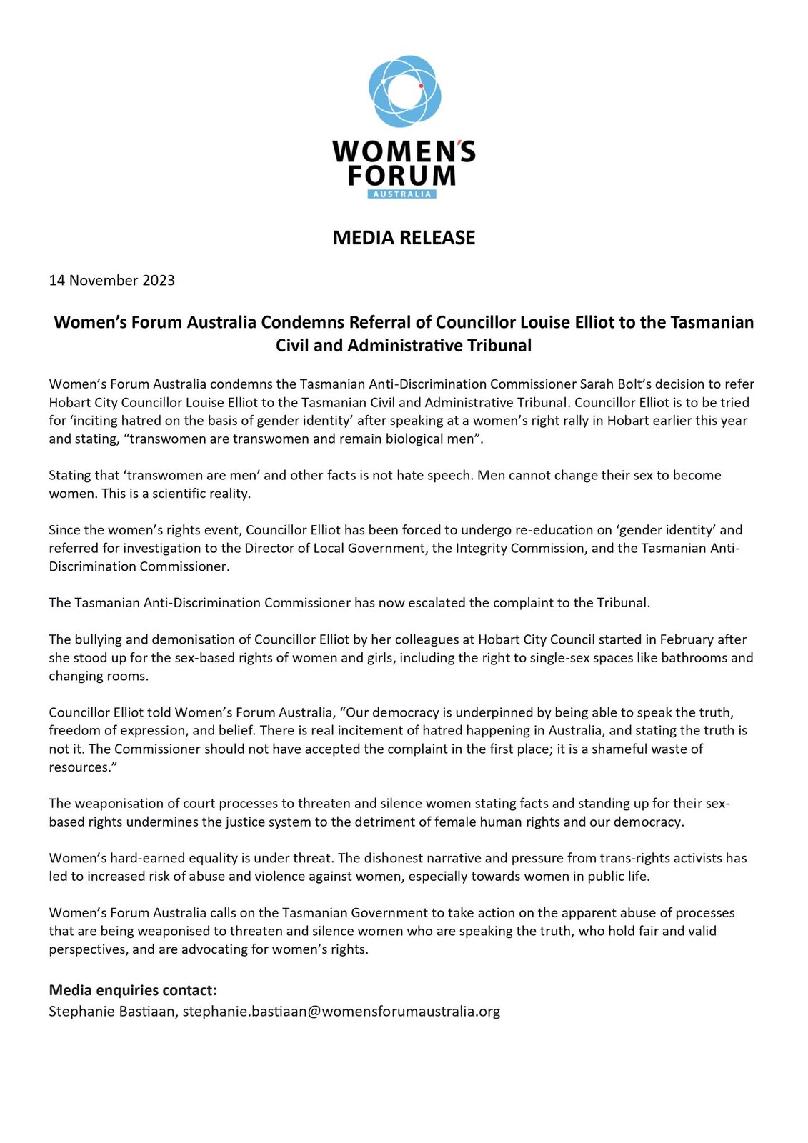 Media release: Women's Forum Australia condemns referral of Councillor Louise Elliot to the Tasmanian Civil and Administrative Tribunal
